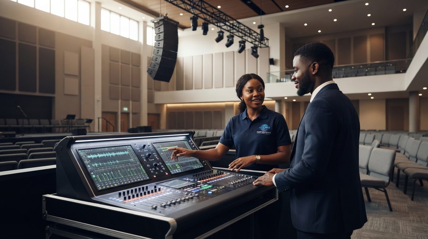 Audio engineer explaining an audio system