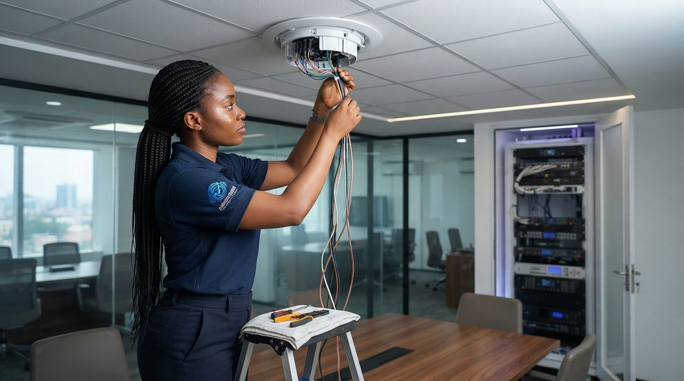 Technician installing an audio system