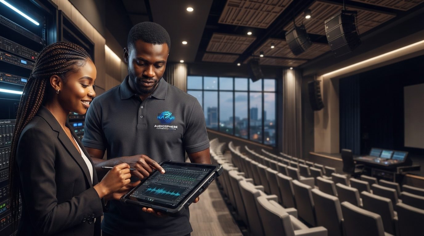 Professionals reviewing an audio configuration