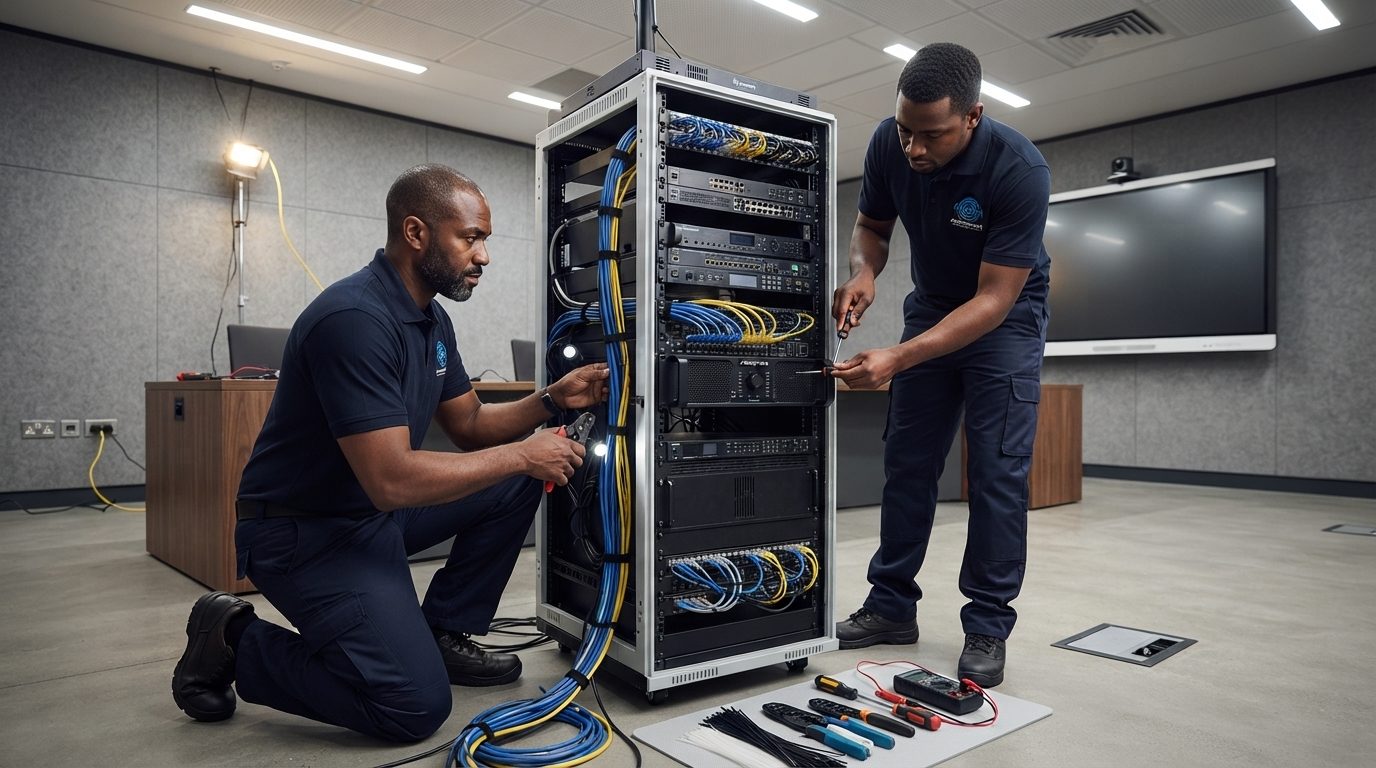 Technicians installing equipment