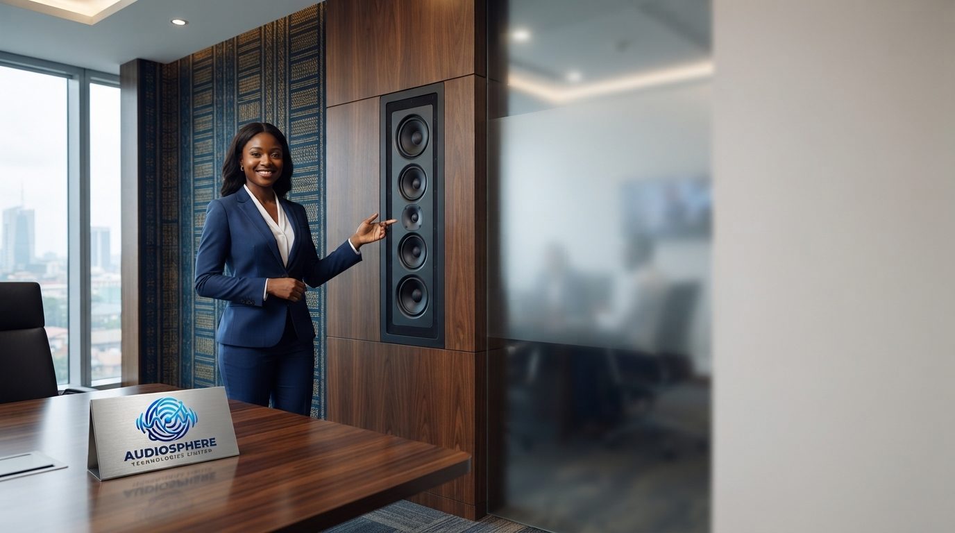 Audio consultant gesturing towards equipment